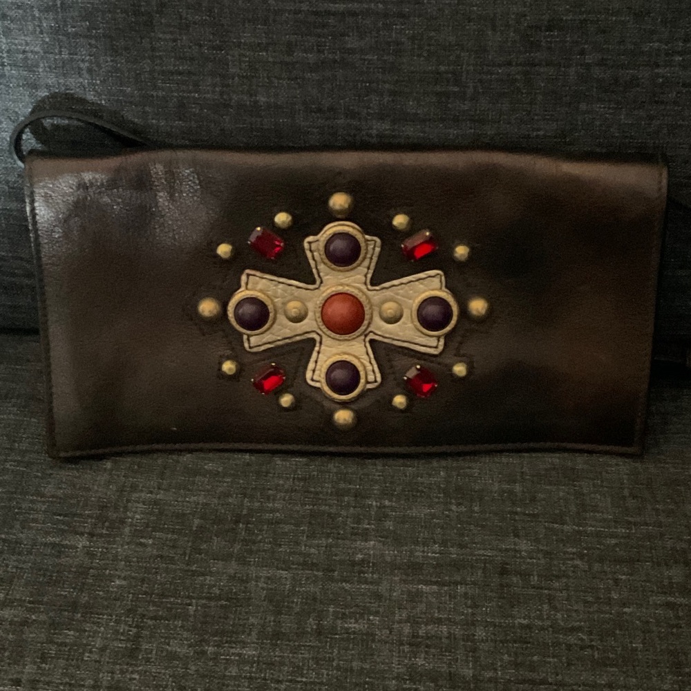 YVES ST LAURENT bronze BAG WITH JEWEL & gold METAL CROSS RARE clutch with strap